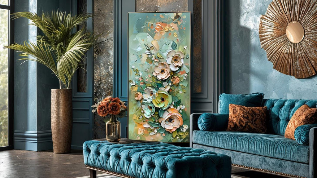 Green Gold Floral Textured Wall Art, Abstract Impasto Painting