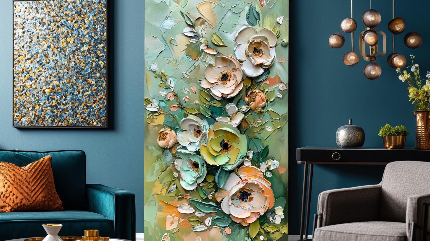 Green Gold Floral Textured Wall Art, Abstract Impasto Painting