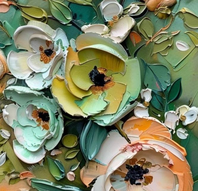 Green Gold Floral Textured Wall Art, Abstract Impasto Painting
