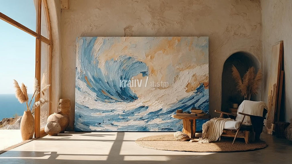 Large Textured Ocean Wave Painting, 3D Impasto Canvas Art