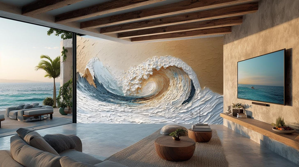 Large Textured Ocean Wave Painting, 3D Impasto Canvas Art
