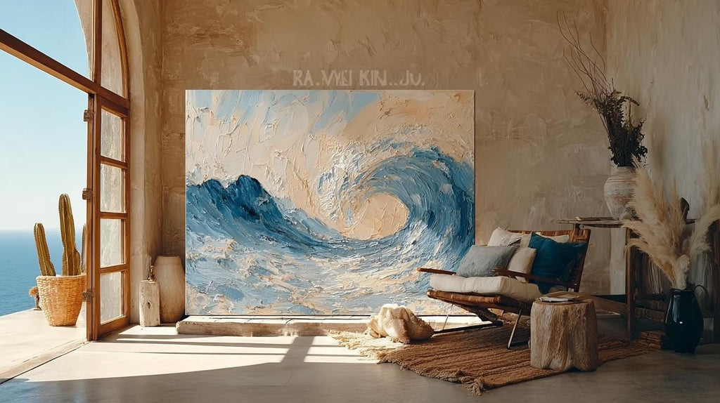 Large Textured Ocean Wave Painting, 3D Impasto Canvas Art
