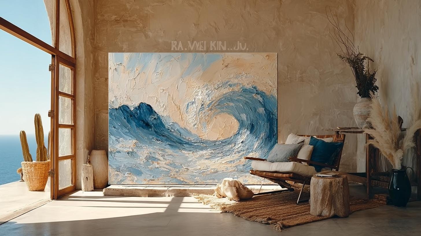 Large Textured Ocean Wave Painting, 3D Impasto Canvas Art