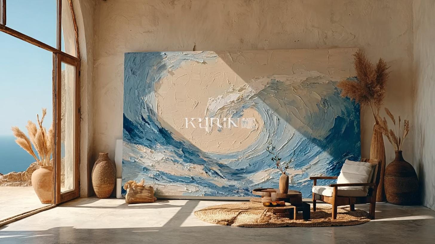 Large Textured Ocean Wave Painting, 3D Impasto Canvas Art