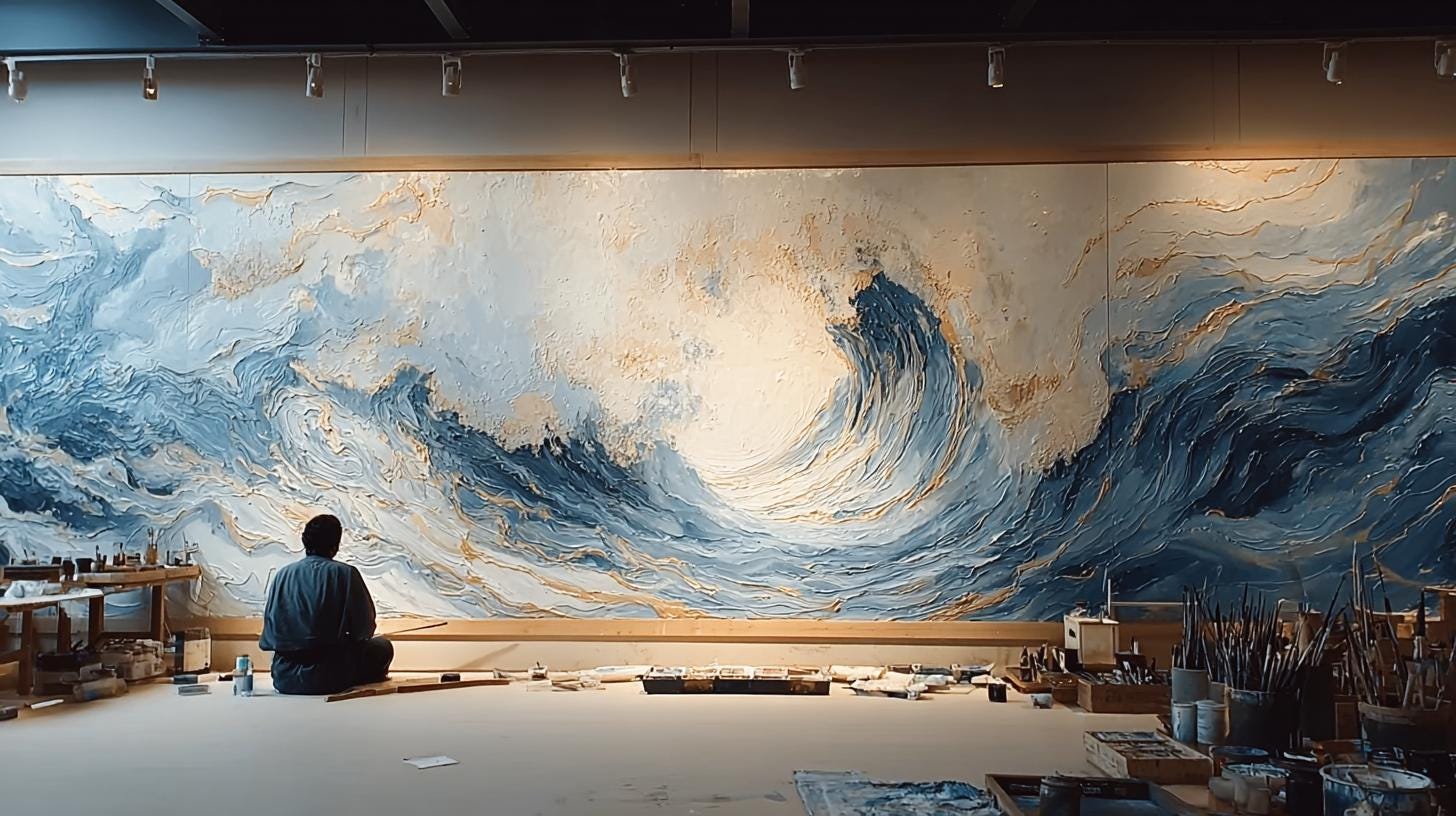 Large Textured Ocean Wave Painting, 3D Impasto Canvas Art
