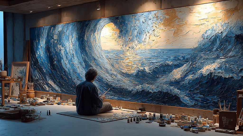 Large Textured Ocean Wave Painting, 3D Impasto Canvas Art