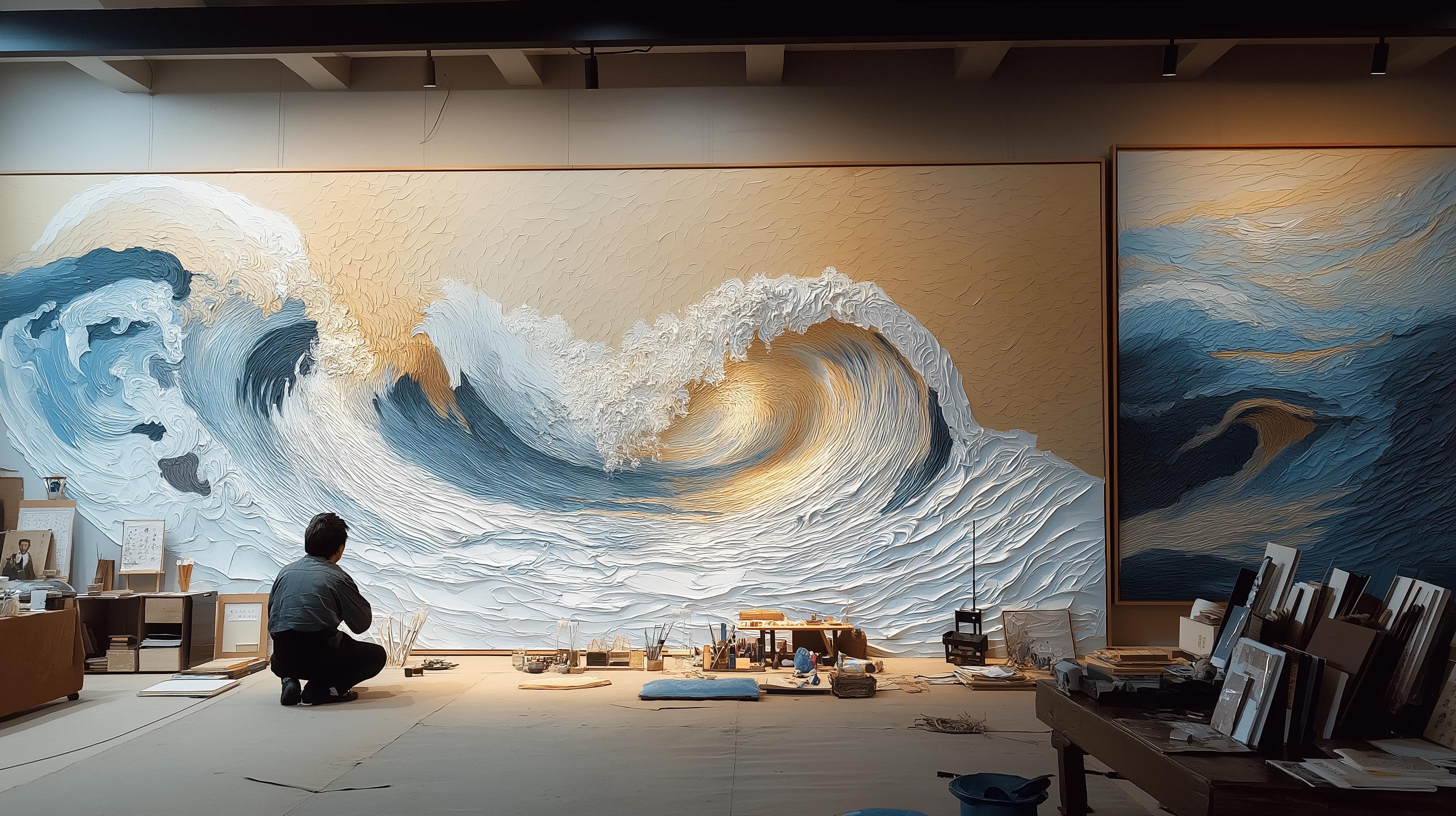 Large Textured Ocean Wave Painting, 3D Impasto Canvas Art