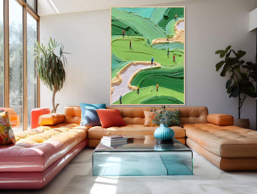 Green Golf Course Painting, Textured Abstract Canvas Art