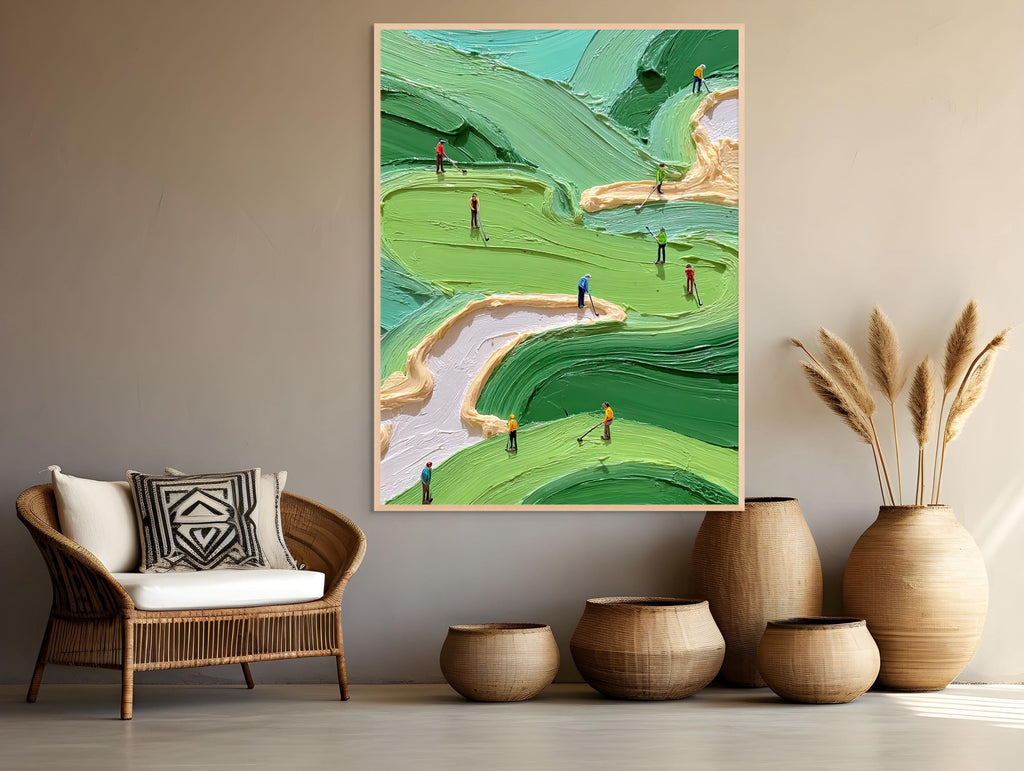Green Golf Course Painting, Textured Abstract Canvas Art