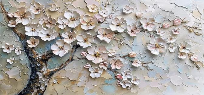 Large White Cherry Blossom Oil Painting, 3D Impasto Floral Canvas Art