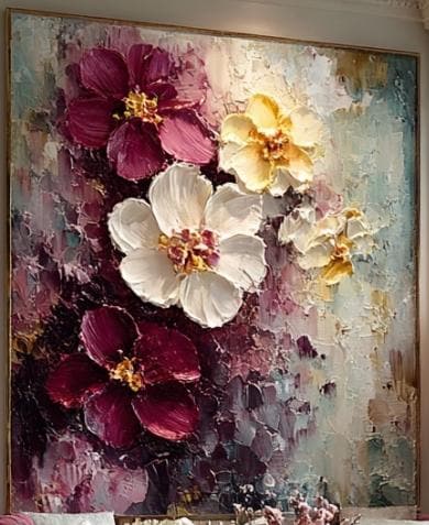 Large Orchid Oil Painting On Canvas, 3D Impasto Floral Art