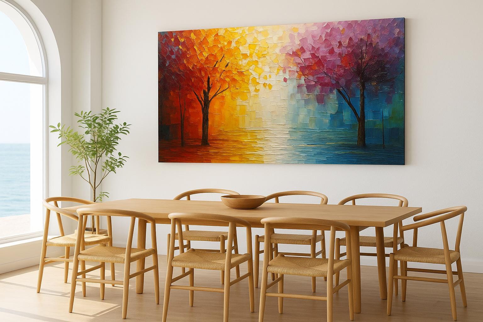 Original Colorful Tree Oil Painting, Large Abstract Texture Canvas, Boho Wall Art