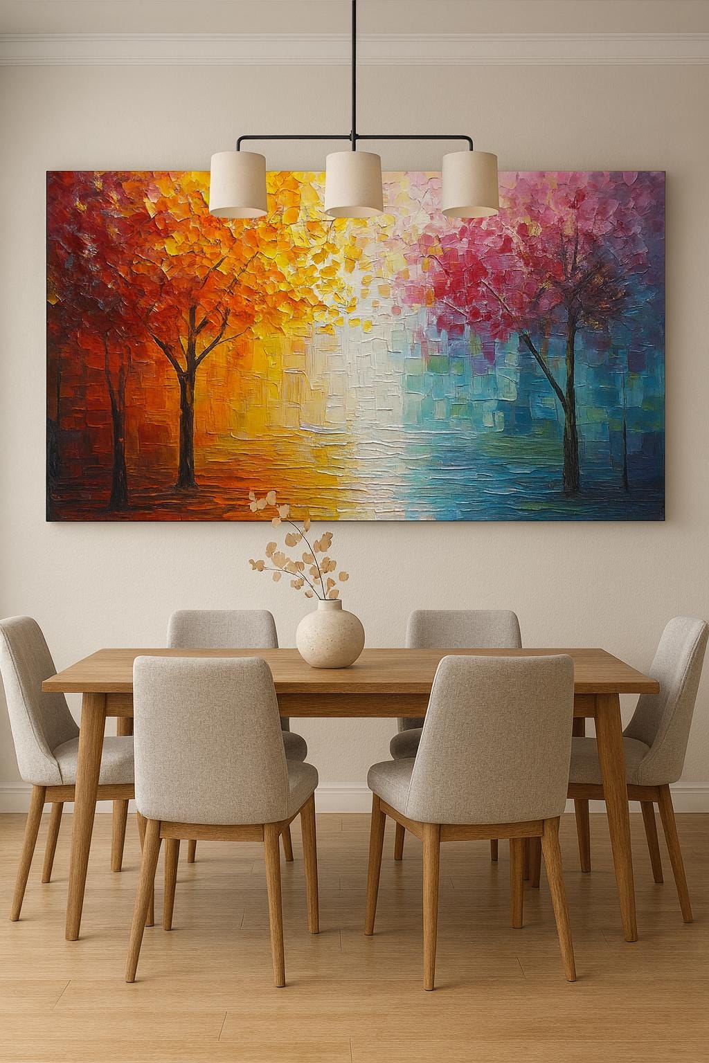 Original Colorful Tree Oil Painting, Large Abstract Texture Canvas, Boho Wall Art