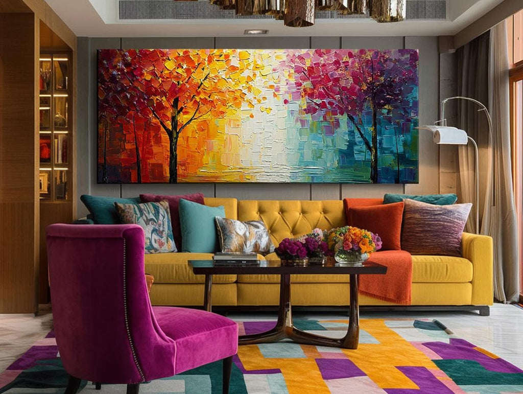 Original Colorful Tree Oil Painting, Large Abstract Texture Canvas, Boho Wall Art