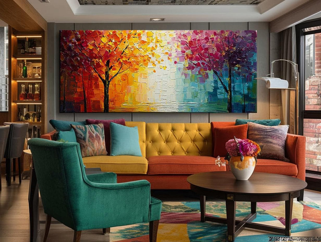 Original Colorful Tree Oil Painting, Large Abstract Texture Canvas, Boho Wall Art