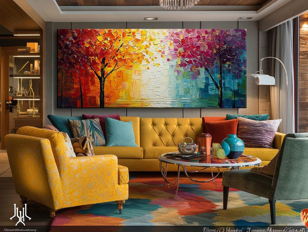 Original Colorful Tree Oil Painting, Large Abstract Texture Canvas, Boho Wall Art