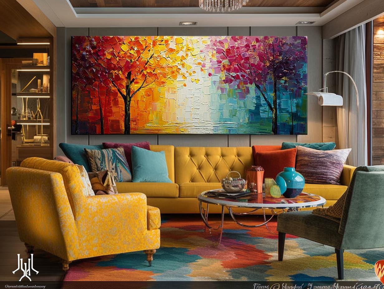 Original Colorful Tree Oil Painting, Large Abstract Texture Canvas, Boho Wall Art
