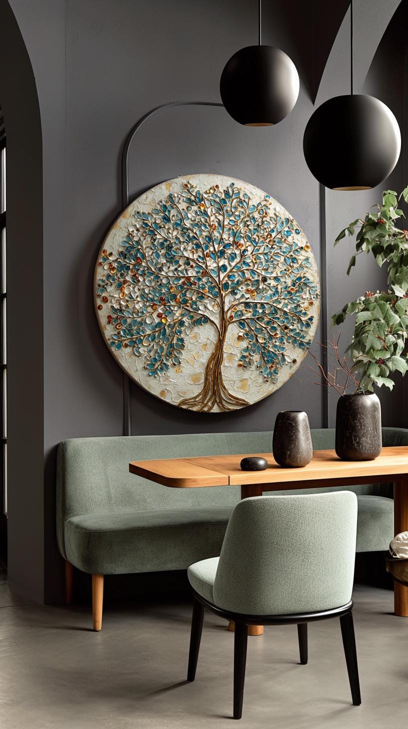 Large Original Round Canvas Resin Tree, Abstract Canvas Art 3D Impasto Textured Tree Wall Art Living Room Decor 50cms