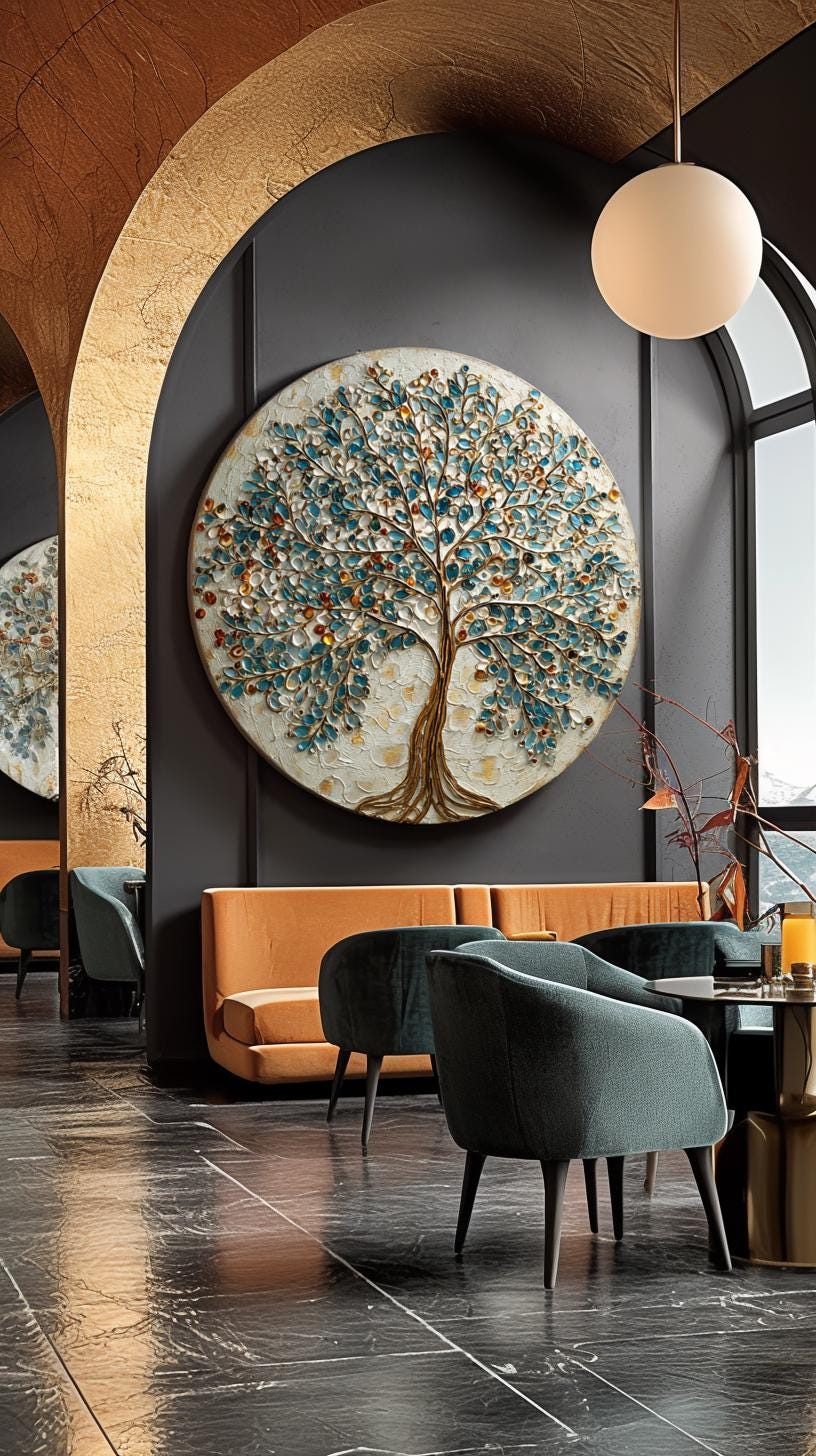 Large Original Round Canvas Resin Tree, Abstract Canvas Art 3D Impasto Textured Tree Wall Art Living Room Decor 50cms