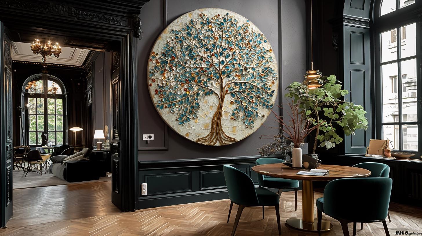 Large Original Round Canvas Resin Tree, Abstract Canvas Art 3D Impasto Textured Tree Wall Art Living Room Decor 50cms