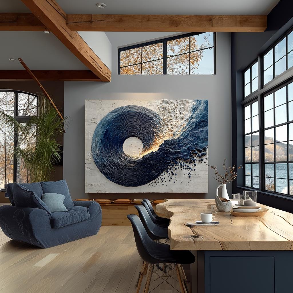 Navy Blue Canvas Painting Abstract Textured Minimalist Large Enso Circle Living Room Decor