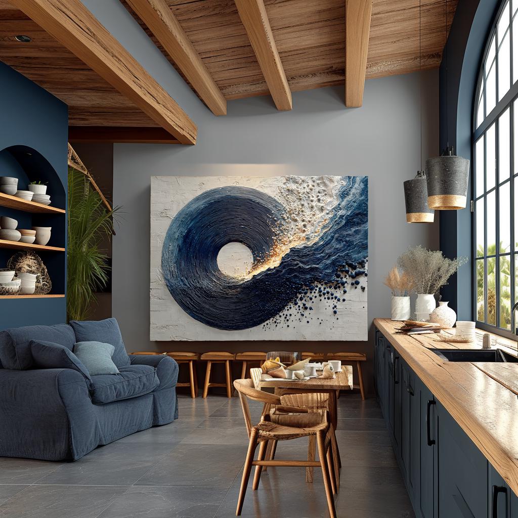 Navy Blue Canvas Painting Abstract Textured Minimalist Large Enso Circle Living Room Decor