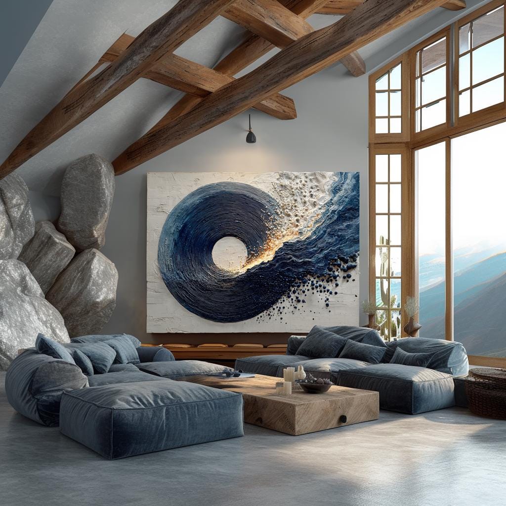 Navy Blue Canvas Painting Abstract Textured Minimalist Large Enso Circle Living Room Decor