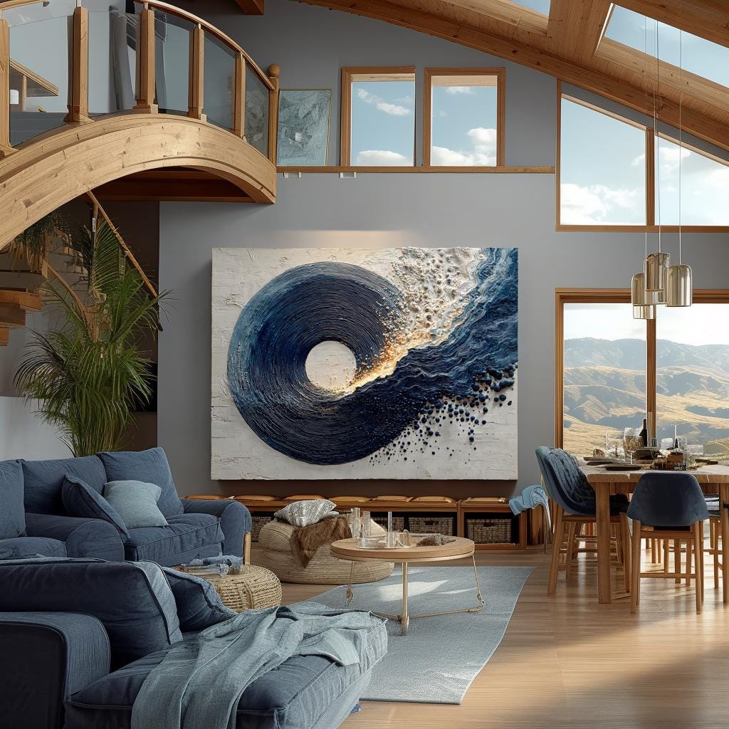 Navy Blue Canvas Painting Abstract Textured Minimalist Large Enso Circle Living Room Decor