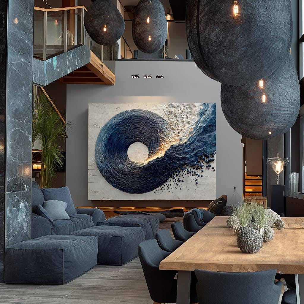 Navy Blue Canvas Painting Abstract Textured Minimalist Large Enso Circle Living Room Decor