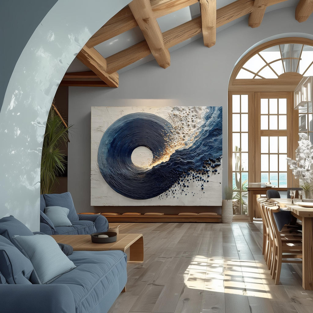 Navy Blue Canvas Painting Abstract Textured Minimalist Large Enso Circle Living Room Decor