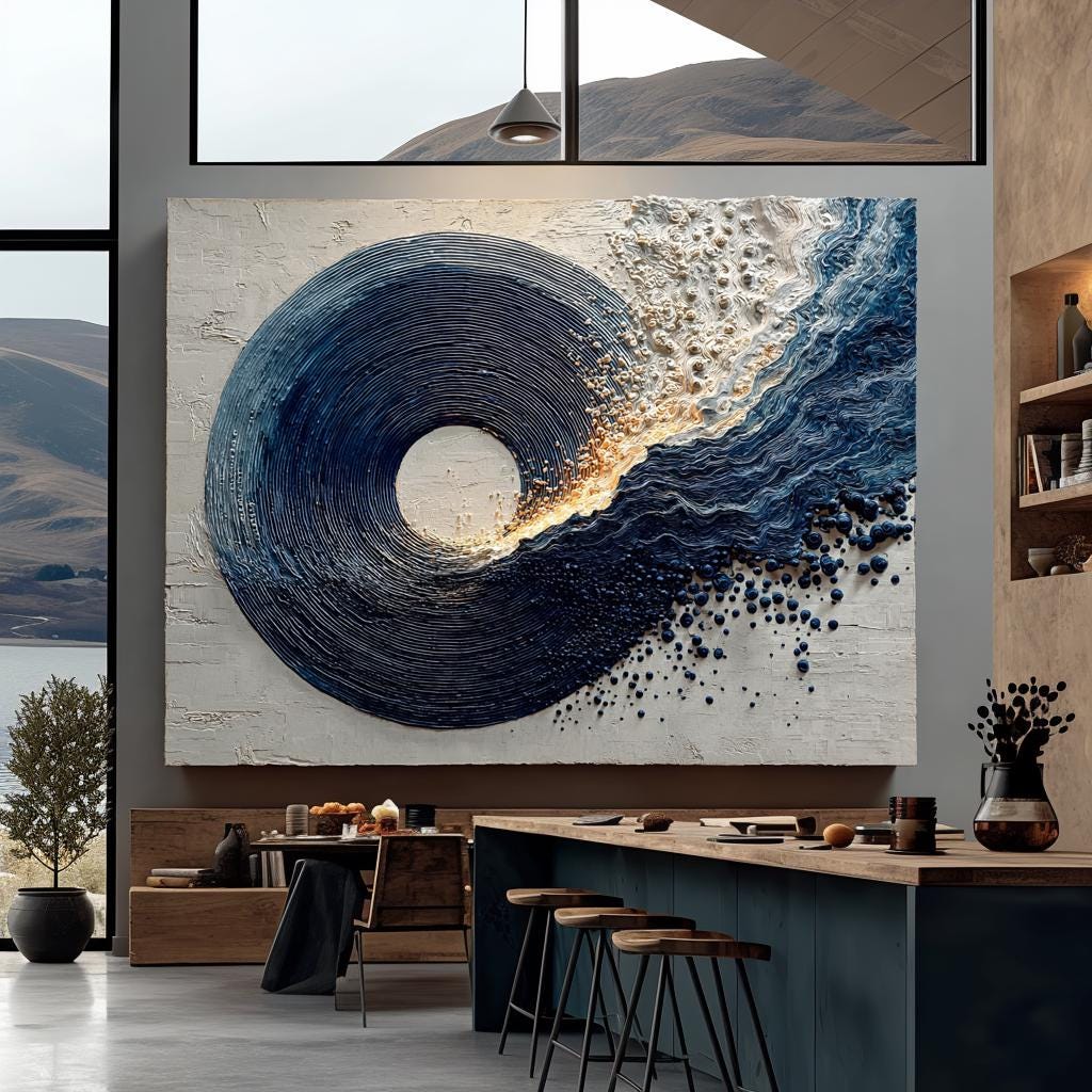 Navy Blue Canvas Painting Abstract Textured Minimalist Large Enso Circle Living Room Decor