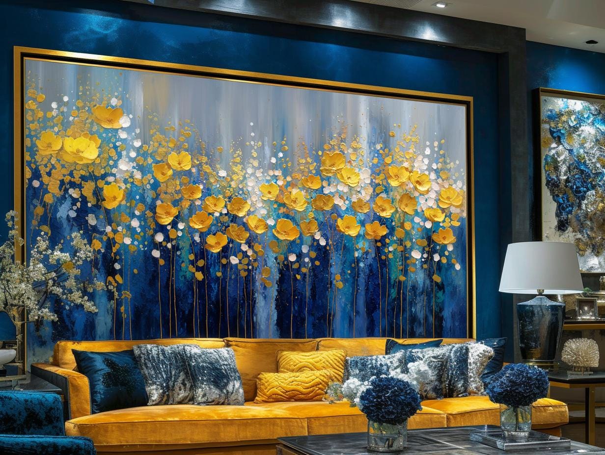 Navy Blue Gold Floral Textured Wall Art, Abstract Impasto Painting