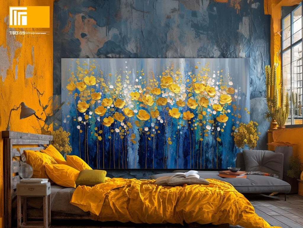 Navy Blue Gold Floral Textured Wall Art, Abstract Impasto Painting