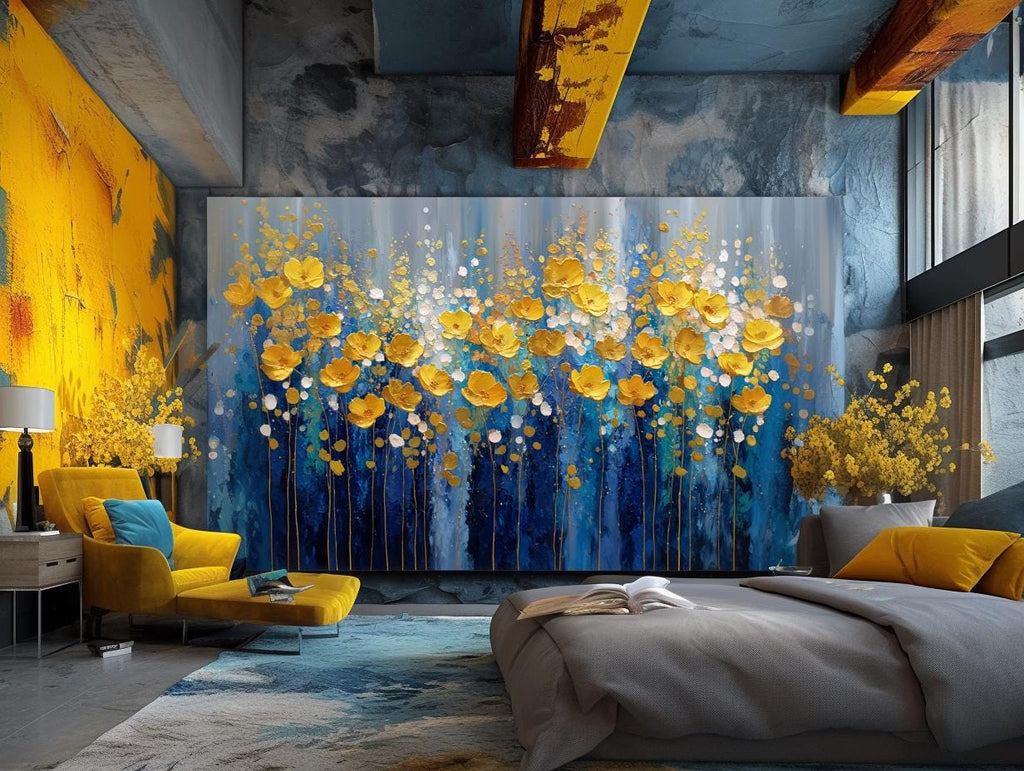 Navy Blue Gold Floral Textured Wall Art, Abstract Impasto Painting