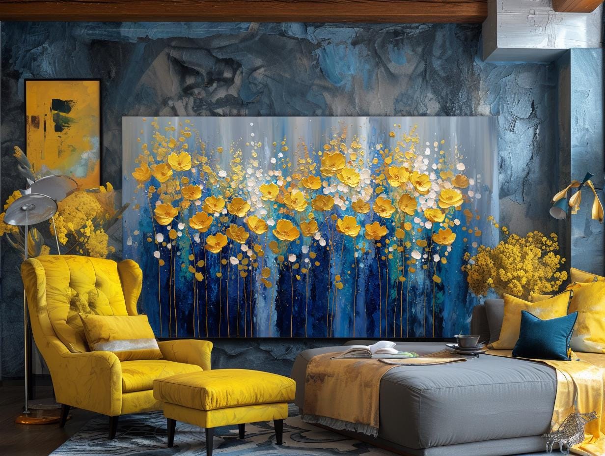 Navy Blue Gold Floral Textured Wall Art, Abstract Impasto Painting