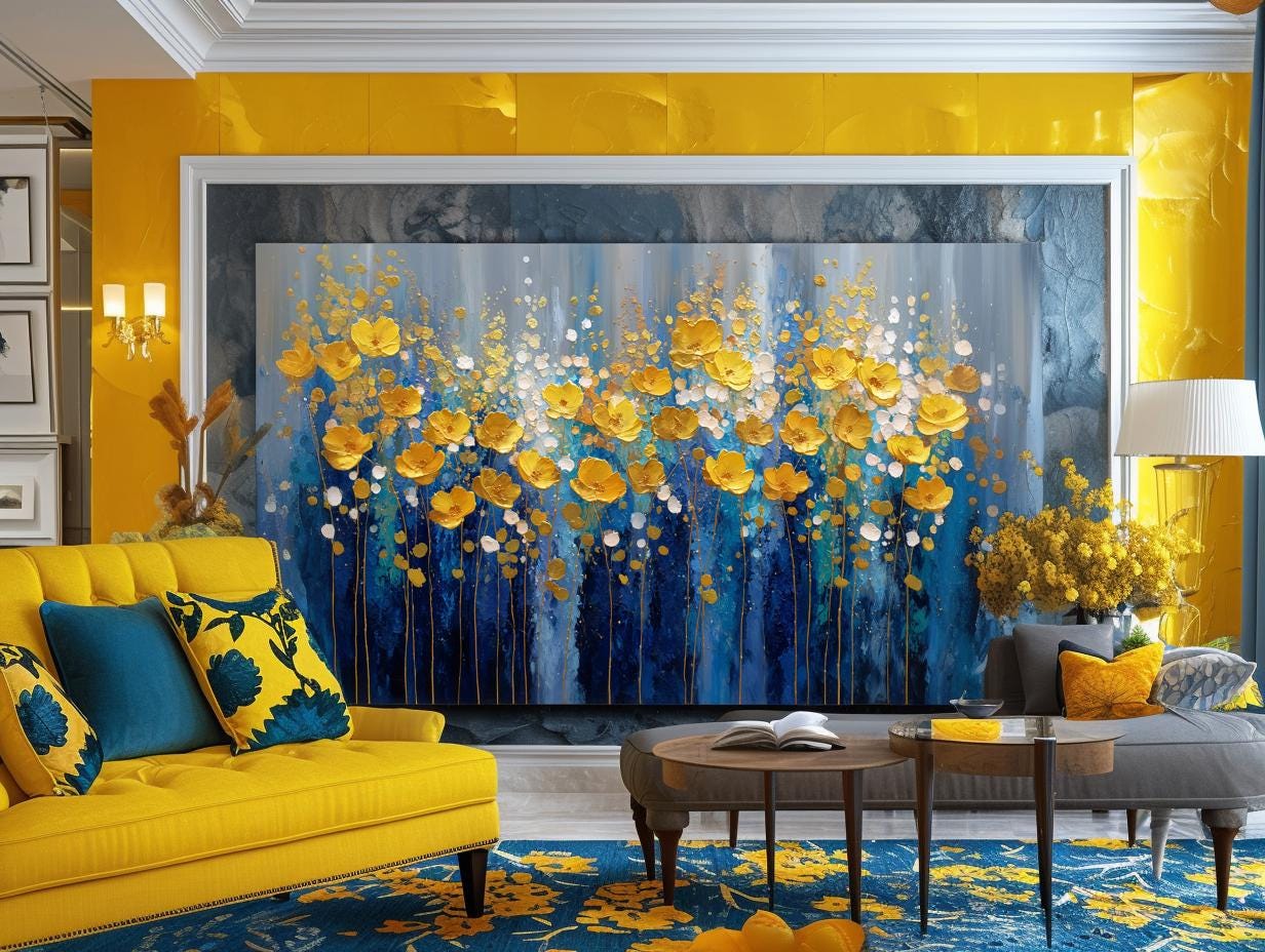 Navy Blue Gold Floral Textured Wall Art, Abstract Impasto Painting