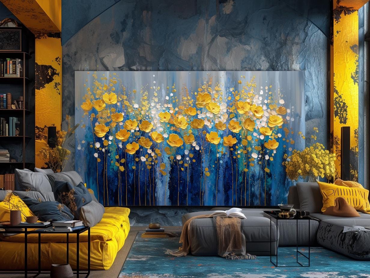 Navy Blue Gold Floral Textured Wall Art, Abstract Impasto Painting