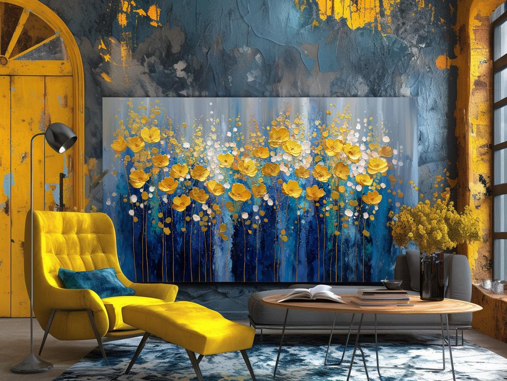 Navy Blue Gold Floral Textured Wall Art, Abstract Impasto Painting