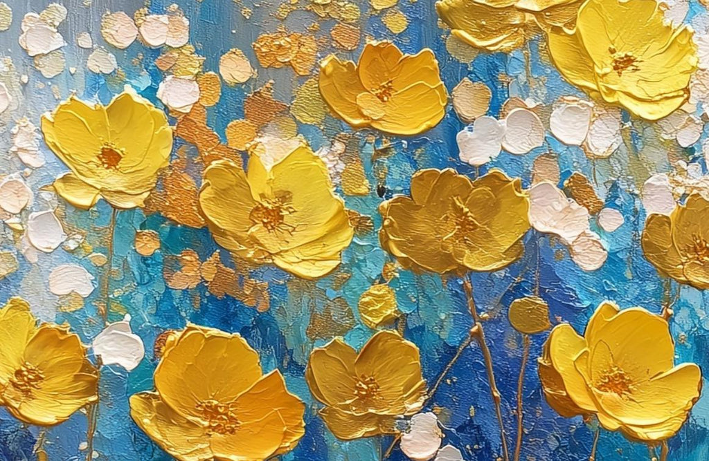 Navy Blue Gold Floral Textured Wall Art, Abstract Impasto Painting
