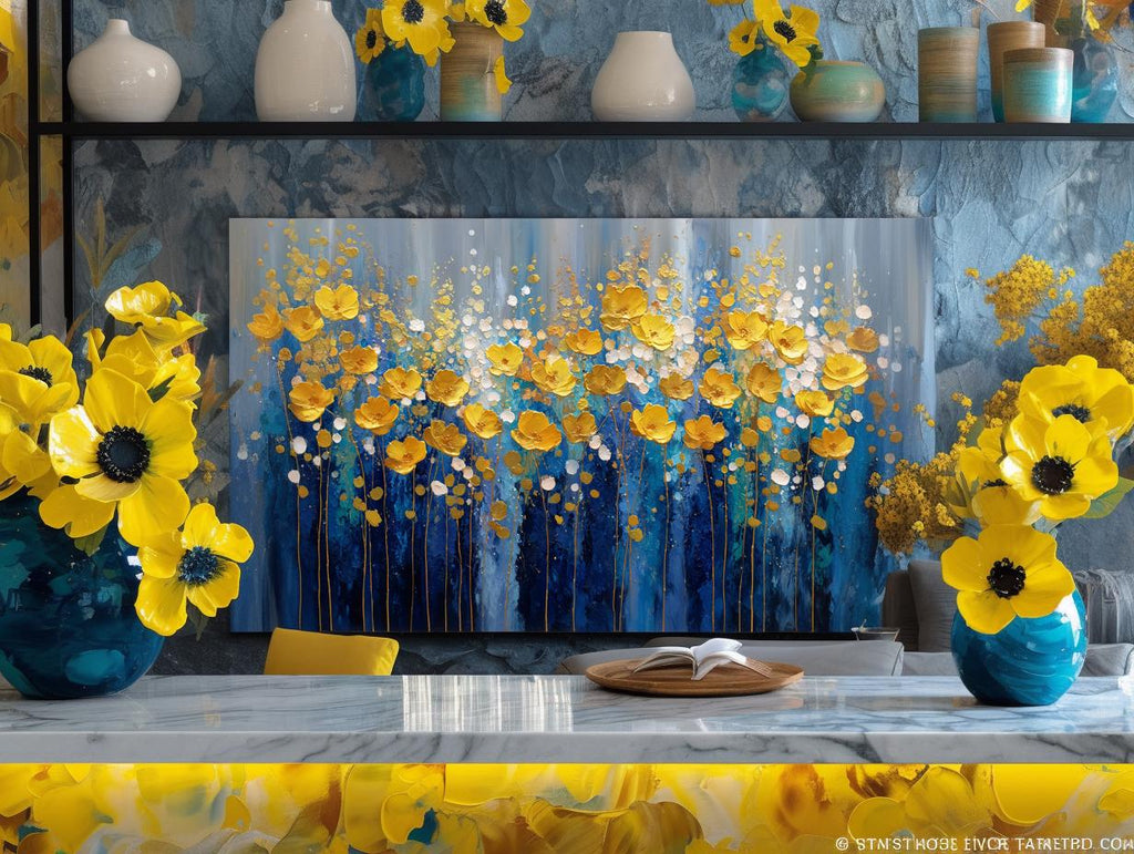 Navy Blue Gold Floral Textured Wall Art, Abstract Impasto Painting