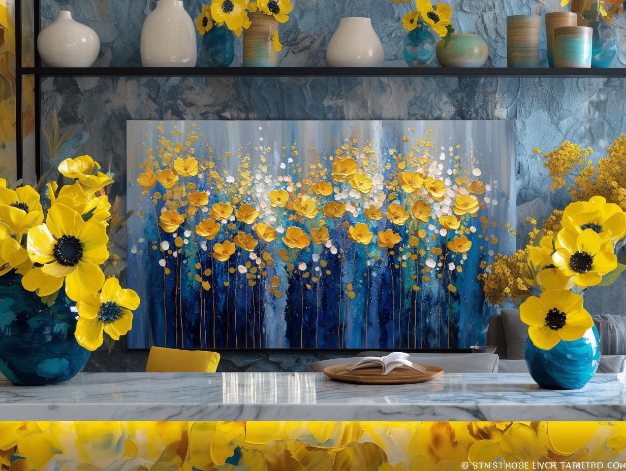 Navy Blue Gold Floral Textured Wall Art, Abstract Impasto Painting