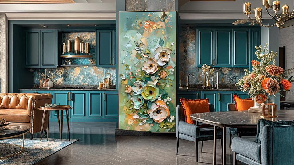 Green Gold Floral Textured Wall Art, Abstract Impasto Painting