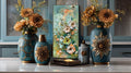 Green Gold Floral Textured Wall Art, Abstract Impasto Painting