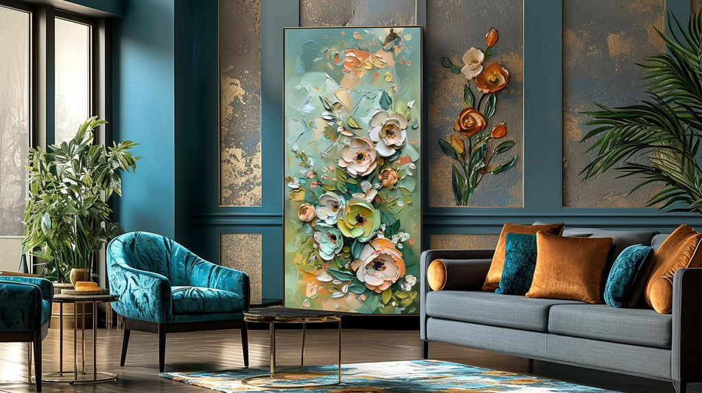 Green Gold Floral Textured Wall Art, Abstract Impasto Painting