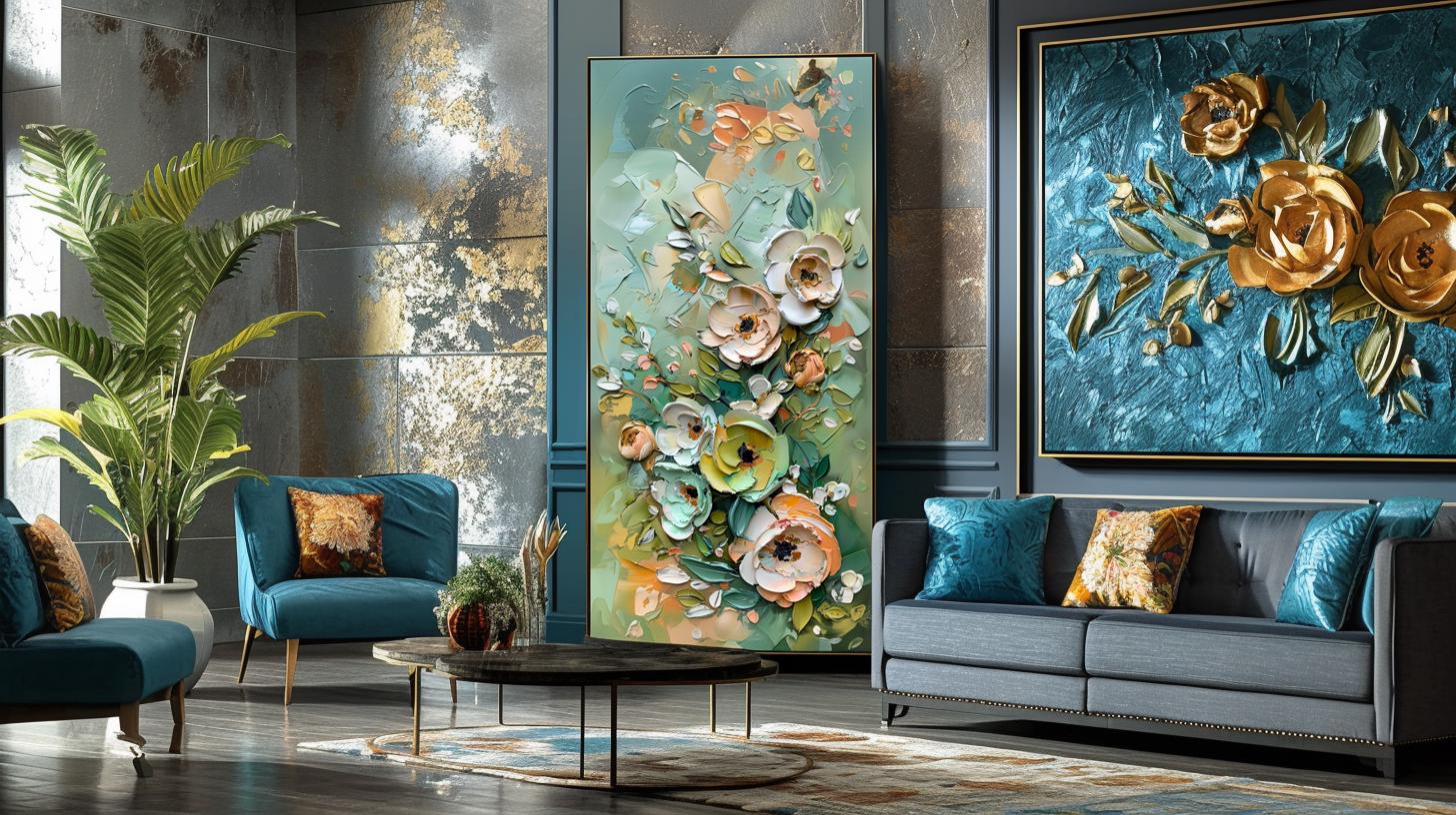 Green Gold Floral Textured Wall Art, Abstract Impasto Painting