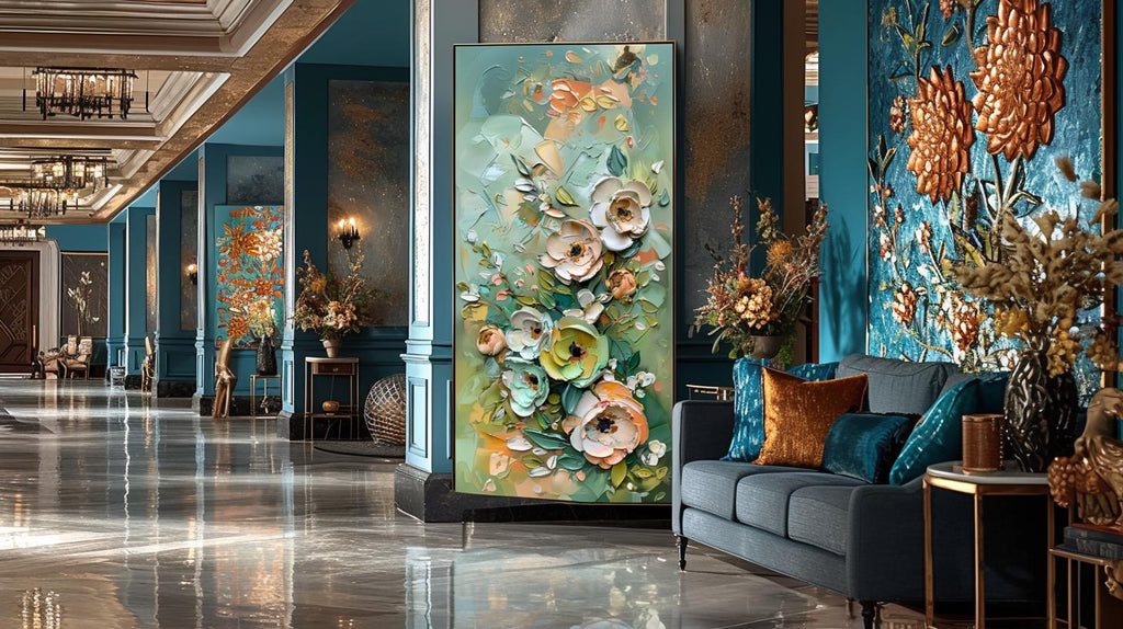 Green Gold Floral Textured Wall Art, Abstract Impasto Painting