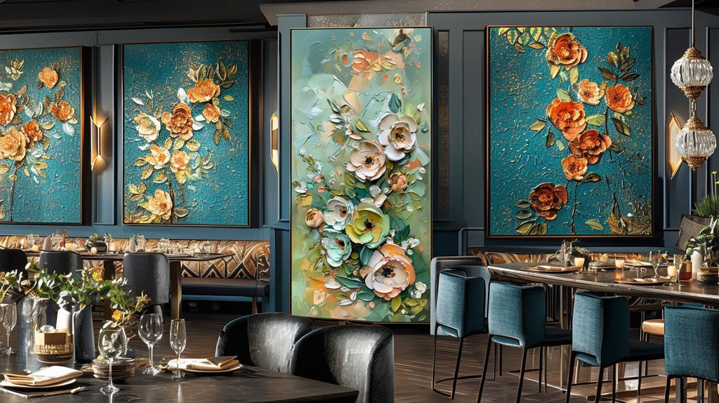 Green Gold Floral Textured Wall Art, Abstract Impasto Painting