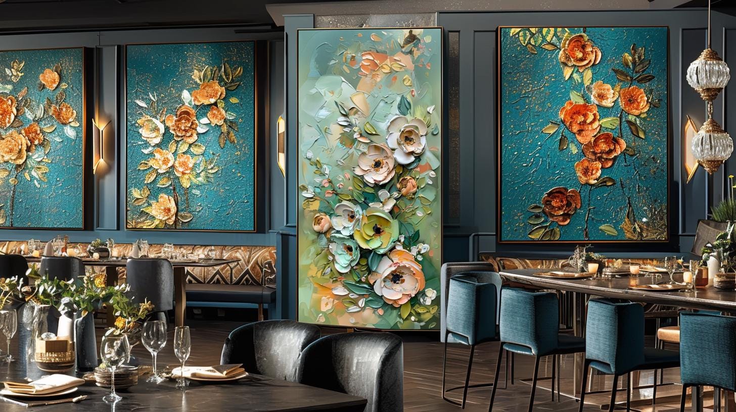Green Gold Floral Textured Wall Art, Abstract Impasto Painting