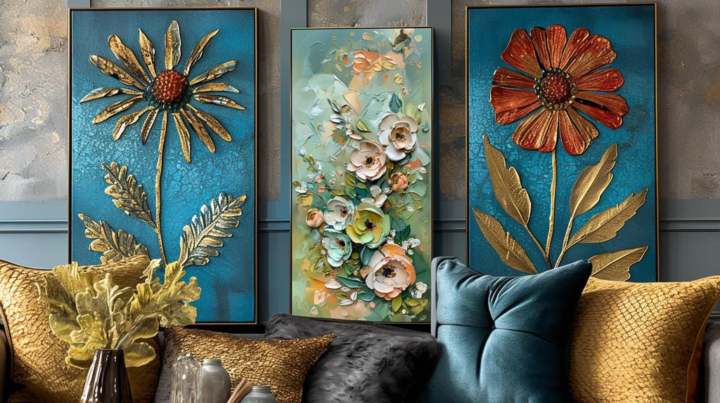 Green Gold Floral Textured Wall Art, Abstract Impasto Painting