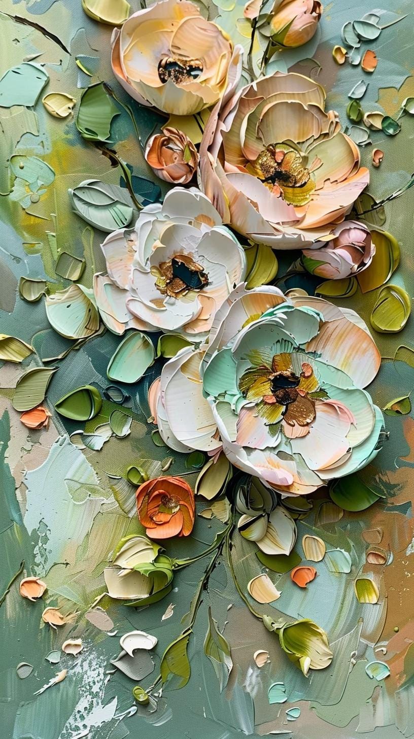 Green Gold Floral Textured Wall Art, Abstract Impasto Painting